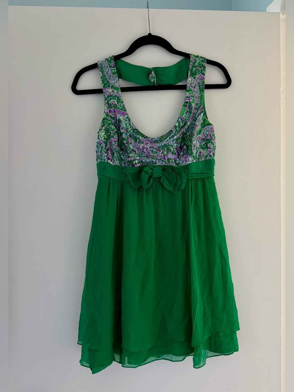 Nanette Lepore Night Fever Green Silk Paisley Sequin Open Back Dress 4